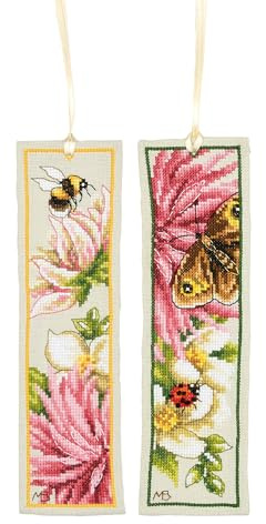 LANARTE Bokmärken, korsstygn, broderi, räknat korsstygnsset, rosa, dahlie, set med 2, gör-det-själv, set, vuxna, broderi, läsning, tillbehör, gåva, räkningsmönster, förpackning ca 6 x 20 cm broderiset