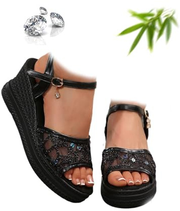 POIOZXD Women's Summer Wedge Sandals Rhinestone Comfortable Open Toe Sandals for Women Orthopedic Platform Wedge Sandal Walking Shoes (Black,38EU)
