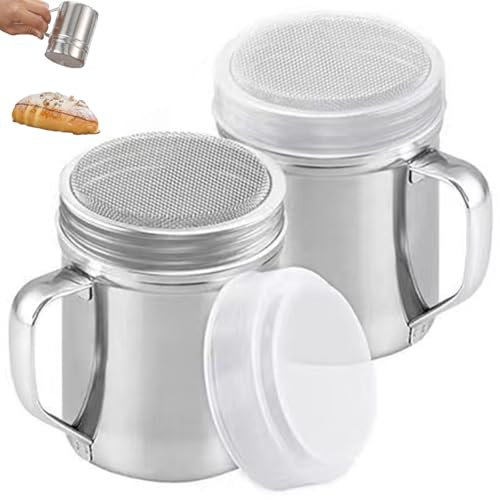 2Pcs Powdered Sugar Shaker Duster Stainless Steel Fine Mesh Powder Duster with Handle & Plastic Lid Sugar Shaker for Powder Cinnamon Cocoa Pepper Coffee Flour Powdered Dus