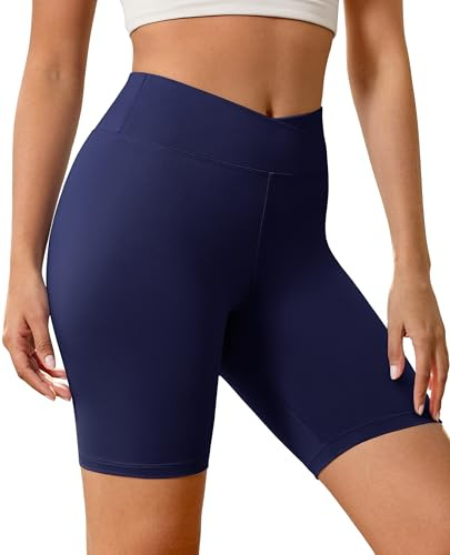 VALANDY Creamlush - Pantalones cortos cruzados de ciclista para mujer, 20 cm, cintura cruzada, para yoga, descansar, cómodos y elásticos, azul marino, XXL