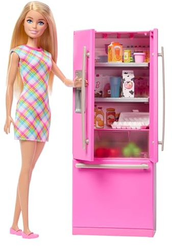 Barbie Coffret La Cuisine de Barbie, poupée et cuisine avec réfrigérateur et 10 accessoires dont des aliments, plus une feuille d'autocollants, JKB52