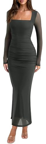 REORIA Long Sleeve Wedding Guest Maxi Dresses for Women Sheer Mesh Square Neck Ruched Bodycon Long Dress 2026 Spring Outfits Thyme Medium
