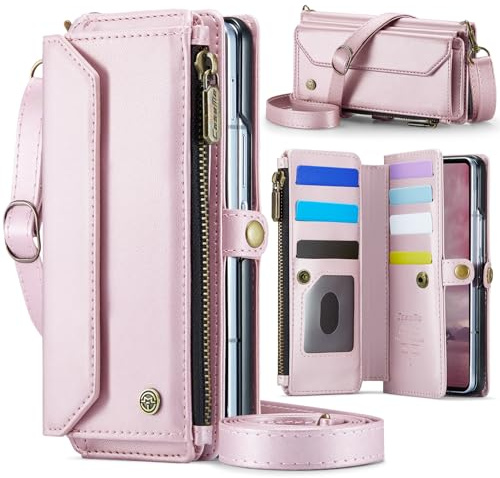 Konstreet for Samsung Galaxy Z Fold 7 Wallet Case Durable Leather Cover with Card Holder Flip Flap Wrist Strap Zipper Closure & RFID Blocking Case for Galaxy Z Fold 7 Pink