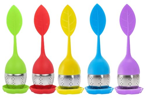 KEQAR 5 pezzi Infusore per tè in acciaio inox e silicone - Filtro tè con coperchio e sottobicchiere - Infusore per tisane e tè sfuso - Lavabile in lavastoviglie (Motivo foglia)