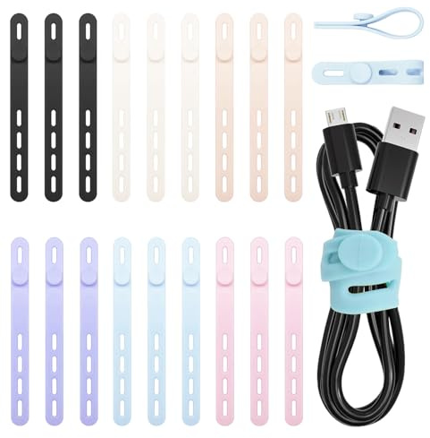 Bridas Reutilizables para Cables,18 PCS Ajustables de Silicona Sujetacables de Silicona Ajustables Organizador de Cables para Auriculares Computadora Escritorio y Accesorios de Viaje