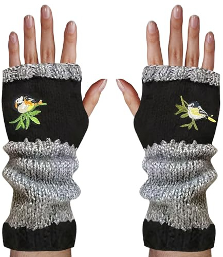 Generico Fingerlösa handskar för kvinnor, mönsterbroderi, broderihandskar med öppen tå, för kall vinter, arbete, skrift, körning och kostym, för kall vinter, Svart, riferimento alla descrizione