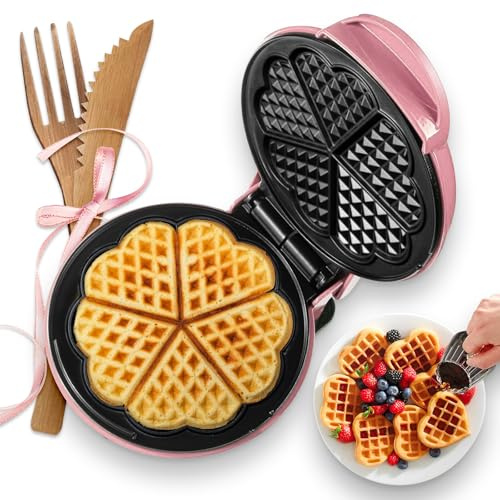 GVAKMM Minivåffeljärn röd (hjärta), liten våffeljärn Keto våffeljärn, mini våffelmaskin för barn, familjer och singlar, 18 cm non-stick matlagningsplattor med snabb och jämn uppvärmning