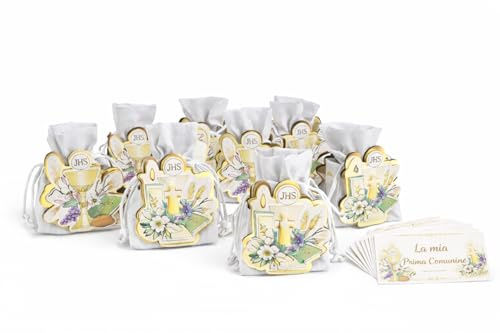 Generico Set 20 Bomboniere + 20 Bigliettini Personalizzati Omaggio Sacchetto Portaconfetti Prima Comunione 8x9 cm con Struttura in Legno