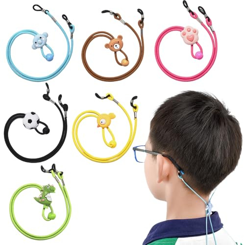 6 Pièces Cordon Lunettes Enfant, Attache Lunette Enfant Réglable pour Sport et École, Cordon Lunette de Soleil avec 6 Motifs Dessins Animés, Élastique et Confortable, Porte Masque Inclus
