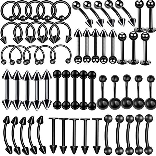 Schwarz Piercing Set damen herren 60 x Edelstahl Mix Körperschmuck Studs Barbells schwarz Bananabells für Ohr Lippe Nase Zunge Bauchnabel Augenbrauen Nippel schwarz Piercing Ring Punk 1.2*10mm (10)