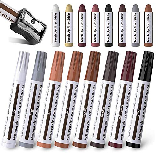 Furniture Repair Kit Wood Markers Wax Sticks, for Stains, Scratches, Wood Floors, Tables, Desks, Carpenters, Bedposts, Touch Ups, and Cover Ups Set of 17