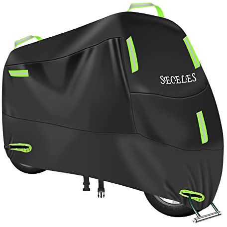 Funda Moto Impermeable Exterior Interior, 300D Cubierta Protectora para Motocicleta Scooter Moped con 7 Tiras Reflectantes y 2 Orificios para Cerradura, 2 Hebillas de fijación (XL: 230 x 95 x 125 cm)