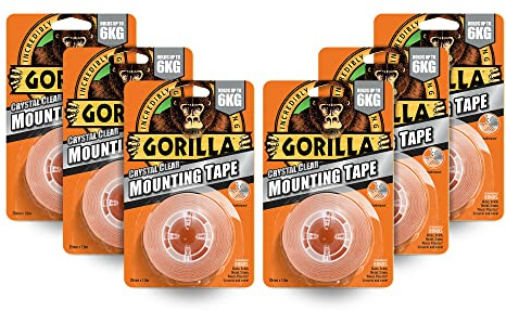 Gorilla Double Sided Mounting Tape Crystal Clear, 1.5m x 25mm – Holds 6KG Per Roll | For Repairs, Crafts & Mounting Objects | Permanently Grips to Rough & Smooth Surfaces | For Indoor & Outdoor,6 Pack