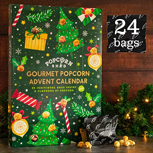 Popcorn Shed Calendario dell'Avvento di Natale Gourmet Popcorn 2025, 24 giorni di popcorn - 6 sapori di lusso, regalo vegano e senza glutine, calendario dell'Avvento non cioccolato