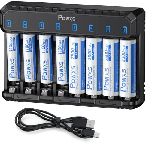 POWXS Akku Ladegerät für Lithium NiMH NICD AA AAA Akkus 8-Fach Schnellladegeräte mit 4 x 2800 mAh Wiederaufladbaren AA Batterien & 4 x 1100 mAh AAA Ni-MH Batterien Batterieladegerät