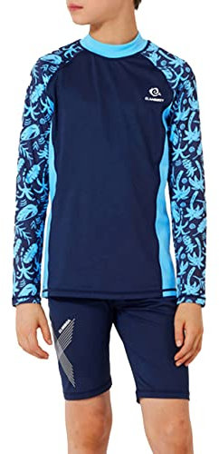Kaerm UV Bademode Kinder Junge Schwimmanzug Langarm Rash Guard Shirt Motiv Badetop Mit Badeshorts Kurze Hose Schnelltrockend Swimsuit Beachwear Type B 146-152
