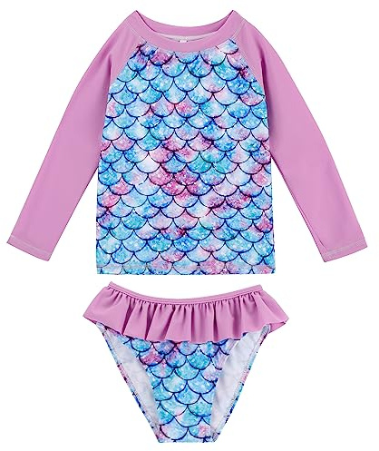 MASOCIO UV Badebekleidung Mädchen Badeanzug Kinder Kleinkind Shirt Tshirt Langarm Badeset Badehose UPF 50+ UV Schutz Set Kleidung Anzug Badeshirt Schwimmshirt 8 9 Jahre Skalen 5