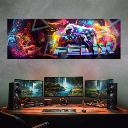 tjapalo® vz61 Gamer poster mit Namen personalisiert gaming Wanddeko gamer Bild für die Wand Wandbild Jugendzimmer gamer Poster gaming zimmer Bilder für Teenager, Größen Name: B70xH24cm