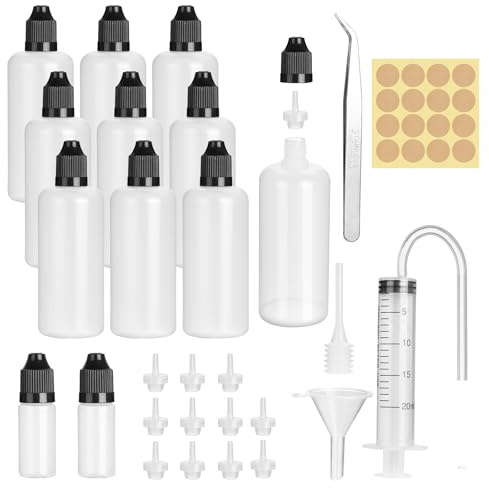 GOTFUN 10 st. droppflaskor 50 ml, 2 x 10 ml tomma klämflaskor, plastflaskor droppflaska med barnsäkringslock inklusive trattetiketter överföringspipett
