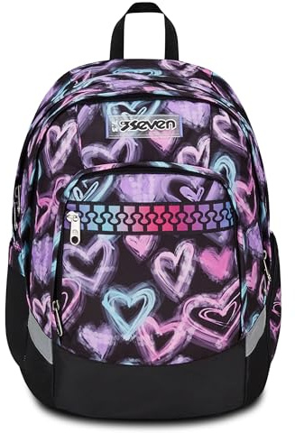Seven Ergonomischer Schulranzen, Tornister für Schule Sport Freizeit, Schulrucksack für Kinder Mädchen und Jungen, mit Trinkflaschenfach, gepolstert, nachhaltig, schwarz mit Herzen