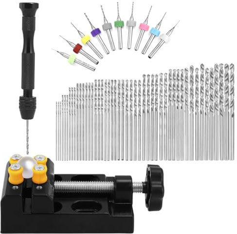 QWORK® 60 Stück Handbohrer Schraubstock Set - 48 Spiralbohrern (0,5-3mm) - 10 PCB Mini Bohrern (0,3-1,2 mm) - inkl. Schraubstock - Perfekt für DIY Holz Schmuck Bohren Anhänger Herstellung