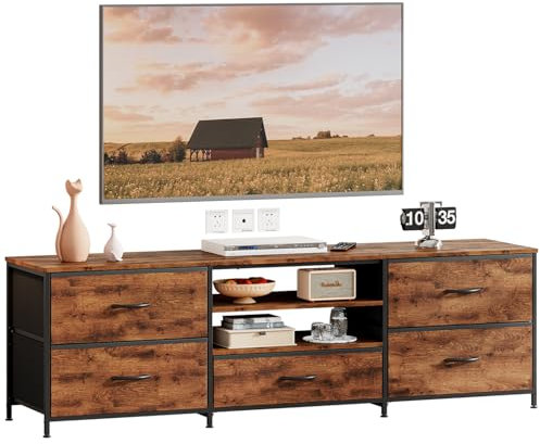 Taotigzu TV-Schrank,Fernsehschrank,Lowboard für Fernseher bis zu 65 Zoll,TV Board mit 5 Schubladen aus Stoff,2 offenen Fächern,Fernsehtisch mit Stahlgestell für Wohnzimmer,30 x 140 x 50 cm (Braun)
