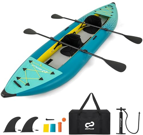 COSTWAY 12’5” Inflatable Kayak Set, 2-person Sit on Canoe with Aluminum Oars, EVA Padded Seat, High Back Support, Carry Bag, Hand Pump & Repair Kit, Paddle Kayaks Blow up Boat (Teal Blue)