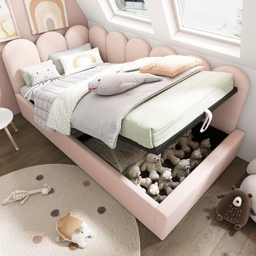 Miyemo Single Bed Frame with Storage, 3ft Ottoman Bed with Hydraulic & Metal Slatted Frame, Velvet Upholstered Daybed, 90 * 190cm, Pink, (No Mattress)