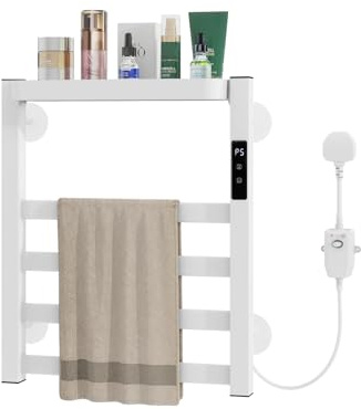 eklipt Towel Warmers, Aluminum Electric Heated Towel Rail with 4 Heating Elements and Removable Shelf, 6-Temp Control 45-70°C, Electric Towel Radiator with LED Display and 9-Hour Timer, 47x40cm