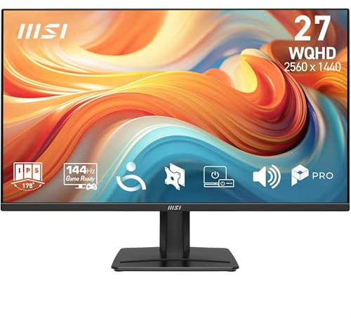 MSI Pro MP275QA E14 de 27 WQHD, 2560 x 1440 IPS, 144 Hz, 1 ms, Compatible con HDR, Adaptive-Sync, Eye-Care, Altavoz Integrado, HDMI 2.0b, DP 1.2a, sin Marco, inclinación Ajustable, Negro