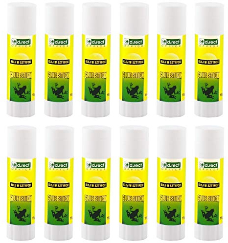 D.RECT Stick di Colla PVA 12 Pezzi 15 g – Inodore, Lavabile, Adesione Forte per Carta, Cartone, Foto e Tessuti Leggeri