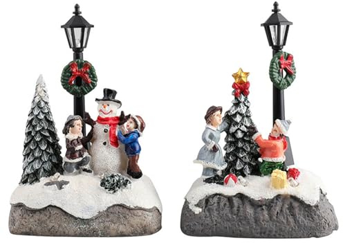 Joygoodta 2 st julfigurer, snögubbe träd julby scen med figurer LED-ljus jultillbehör bord för bordsdekor stad by set