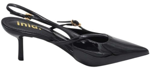 Malu Shoes Decollete Donna a Punta Tacco Kitten 5 cm in Pelle Lucida Nera slinkback con Cinturini a V (38 EU)