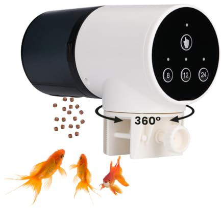 NK Dispensador Automático de Comida para Peces – 200 ml, Pantalla LCD, Programable en Modo Manual/8H/12H/24H, Soporte Giratorio 360°, Control por Botón y Sistema de Fijación Estable