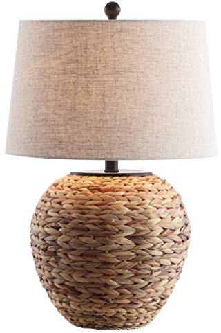 JONATHAN Y 24.5 Natural Water Hyacinth Farmhouse Basket Table Lamp, Coastal Decor for Living Room Bedroom Nightstand, Light Gray Linen Shade, LED Bulb Included JYL6501A