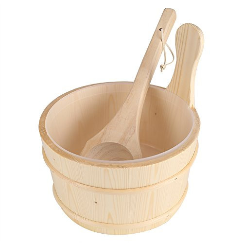 Oumij Wooden Buckets Bathroom Natural Wooden Bucket + Ladle Set for Sauna SPA Bath Accessories