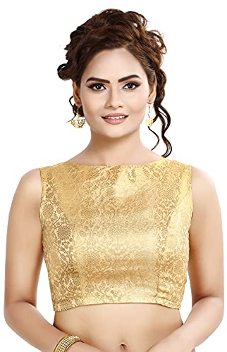 Madhu Fashion Women's Traditional Rich Banaras Brocade Sleeveless Readymade Saree Blouse 36 Gold