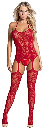 RSLOVE Women Bodystocking Attached Stockings Elasticity Bodysuit One Piece Soft Nightwear One Size Red