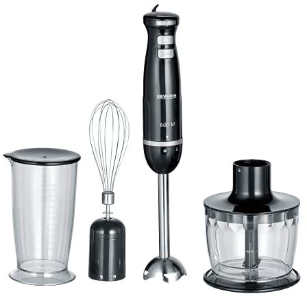 SEVERIN Stabmixer-Set, ca. 600 W, Inkl. Mixbecher mit Deckel, Schneebesen, Wandhalterung, SM 3793, Edelstahl/Schwarz