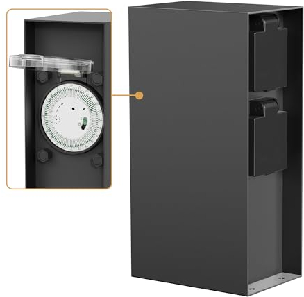 ledscom.de Garten Steckdosensäule POMI für außen, IP44, Timer/Zeitschaltuhr, 2-Fach, Edelstahl, anthrazit, eckig, 23 cm