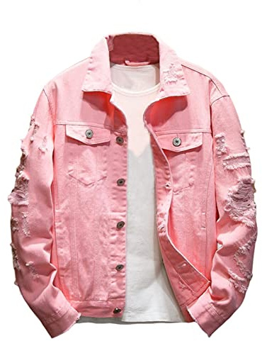 SHINROAD Herr jeansjacka jeans rippat hål enfärgad nedfällbar krage streetwear höst vinter lös för resa rosa 3XL