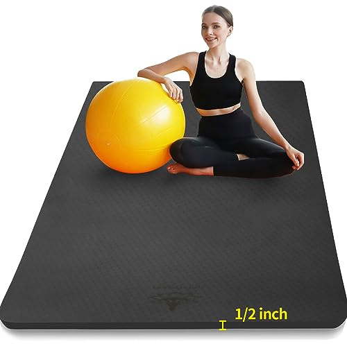 Hatha Yoga Large TPE Yoga Mat 6'x4'x1/2 Extra Thick Non-Slip Exercise Mat - for Yoga Pilates & Home Gym Workouts(Black)