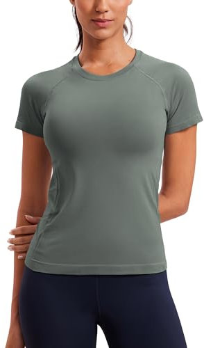 CRZ YOGA Women's Seamless Sports T Shirts Breathable Short Sleeve Top Active Gym Running Fitness T-Shirt Grey Sage 12