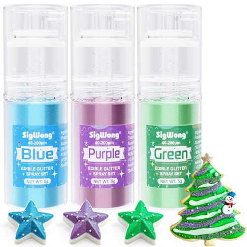 Edible Glitter Spray Set - 3 Color 100% Edible Glitter for Cakes, Cupcakes, Cake Pops, Drinks, Chocolate, Strawberries, Valentines Cookies, Food Grade Coloring Glitter, Blue, Purple, Green (5g/Bottle)