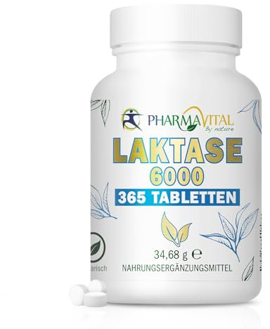 PharmaVital Laktase 6.000 FCC - 365 Tabletten für die Verdauung von Milchprodukten Unterstützt Laktoseintoleranz Laktase Enzym Lactase Reduziert Blähungen, Durchfall und Unwohlsein