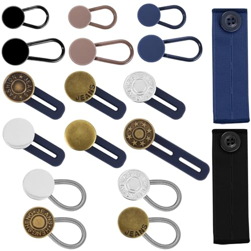 18 extensores de botón para jeans, 5 tamaños de extensores de cintura para mujeres y hombres, extensor de botón de mezclilla, extensión de cintura instantánea sin costura para cuello de pantalones,