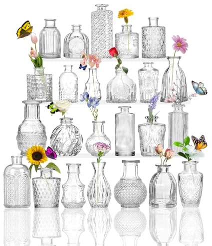 Glass Bud Vases, Set of 24, Mini Flower Vases for Centrepieces, Vintage Bottles for Table Decorations, Wedding Decor, Home, Clear (24, Clear)
