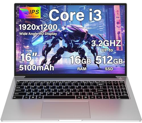 Ordenador Portátil 16 Pulgadas Win11 16+512GB SSD Soporte 1TB SSD Expansión Portátil Gaming Ventilador Refrigeración Core i3(hasta 3,2 GHz) 5G WiFi BT4.2 Mini Puerto Multimedia 1920x1200-Silver