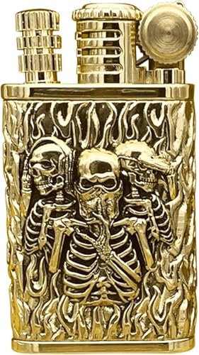 Accendino a fiammifero permanente con design in rilievo, accendino vintage, accendino a forma di teschio freddo, accendino a cherosene riutilizzabile, regalo di compleanno unico per uomo(Gold)