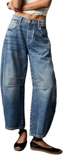 Damen Mid Waist Barrel Jeans Vintage Loose Wide Leg Jeans Modische Boyfriend Jeans Damen Knöchelhosen Trendy High Waist Wide Leg Pants (dunkelblau,2XL)